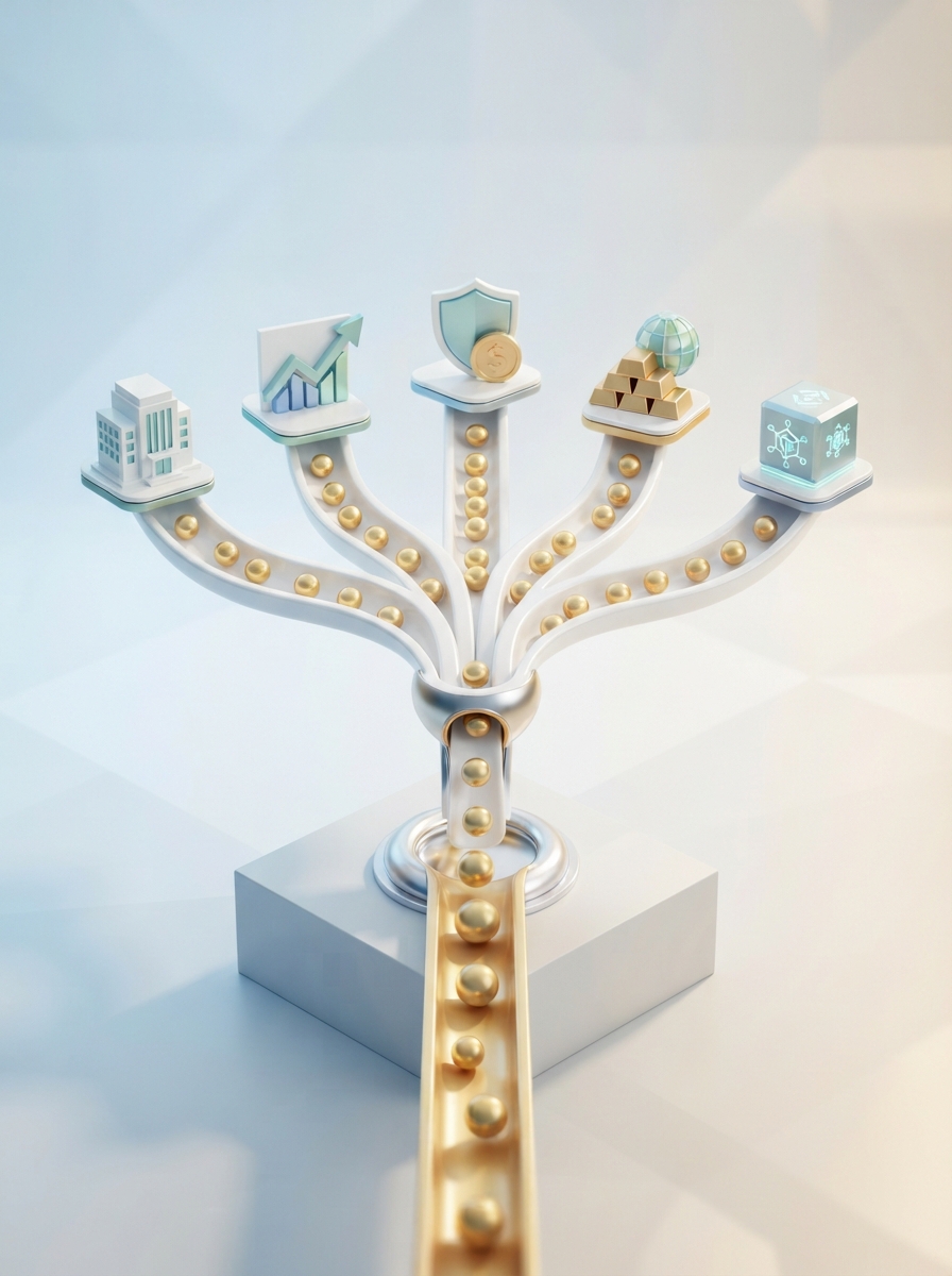 Estrutura ramificada dourada sustentando ícones de imóvel, gráfico de crescimento, proteção, barras de ouro e tecnologia, representando a diversificação de patrimônio com consórcio