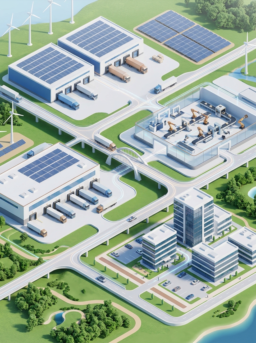 Vista isométrica de um parque industrial com galpões logísticos, caminhões, linha de produção robotizada, painéis solares e prédios comerciais, representando a expansão de uma empresa