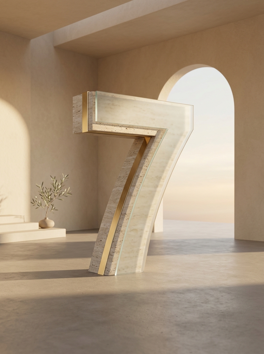 Escultura do número 7 em travertino com detalhes dourados em um ambiente minimalista, representando os sete mitos sobre consórcio
