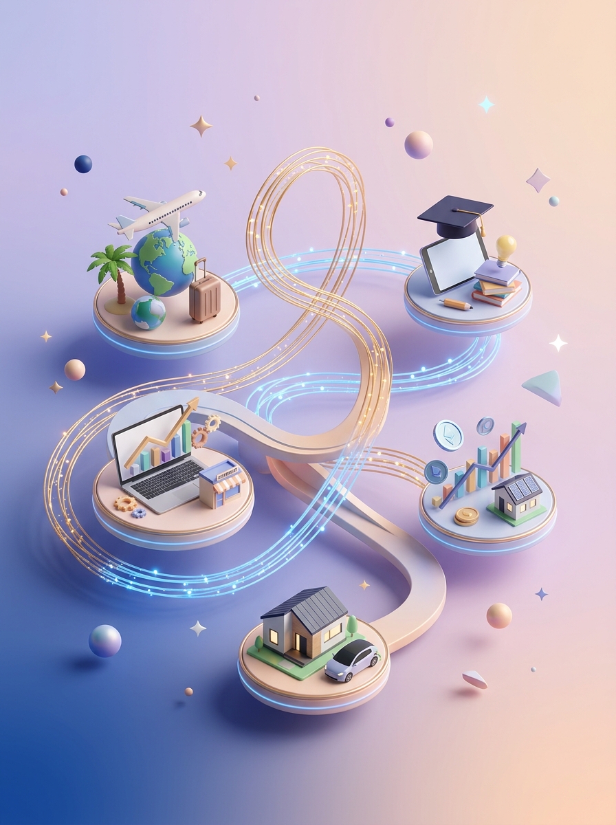 Caminho em espiral conectando plataformas com ícones de viagem, educação, negócio, investimentos, casa e carro, representando as modalidades de consórcio disponíveis hoje