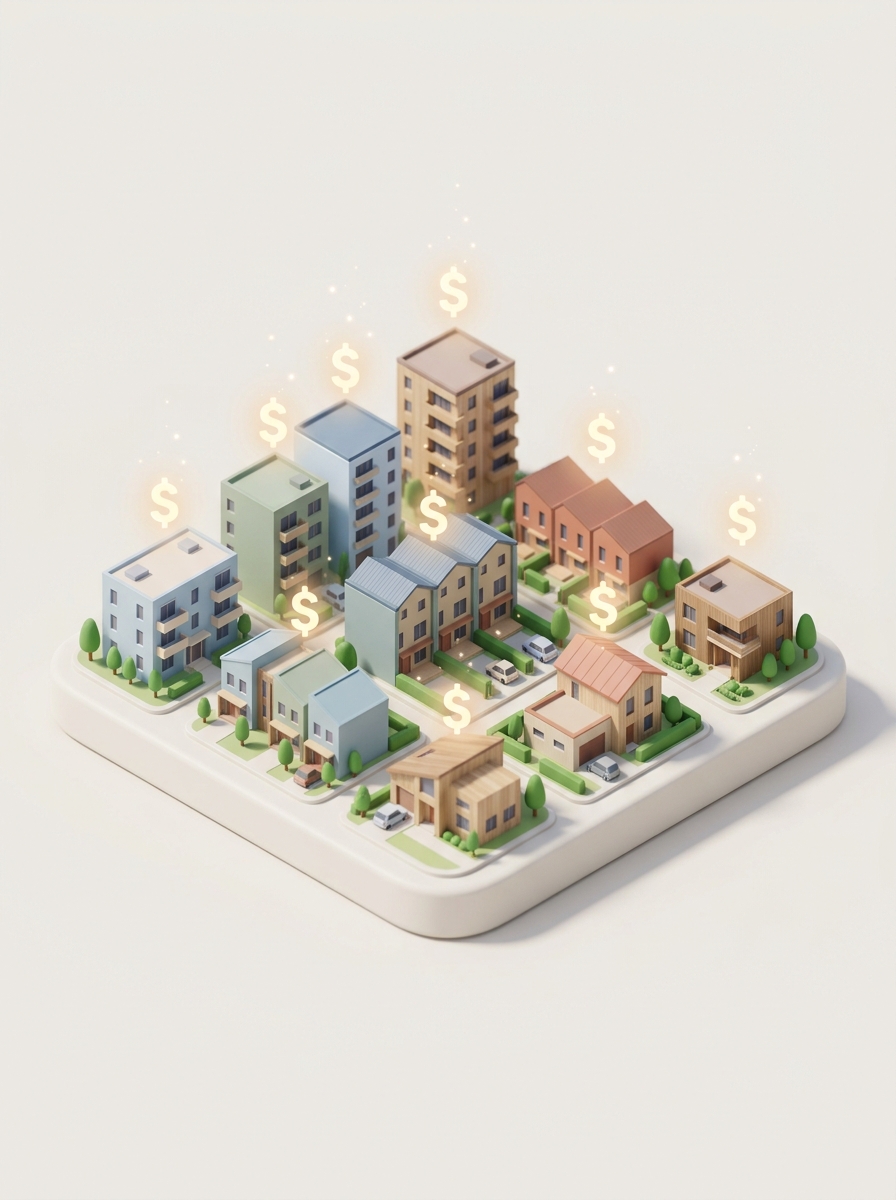 Maquete isométrica de um bairro com casas e prédios, cada um com um símbolo de cifrão luminoso acima, representando a renda passiva gerada por imóveis alugados
